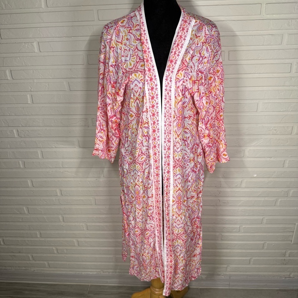 Loft Pink and White Floral Kimono Duster Swim Coverup, Women’s Size Small